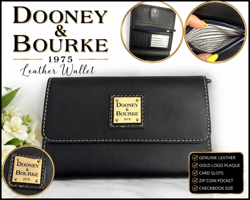 Dooney & Bourke Black Leather Flap Wallet Gold Plaque Checkbook